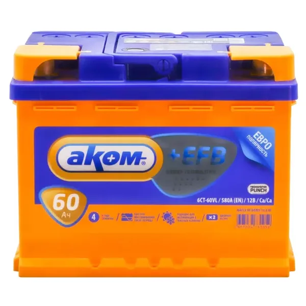 Аккумулятор АКОМ 60 Ач 600 А (EN), прямая полярность, LN2